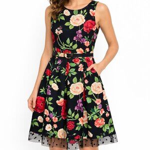 Eliza J Black Floral Print Belted Dress Size 8